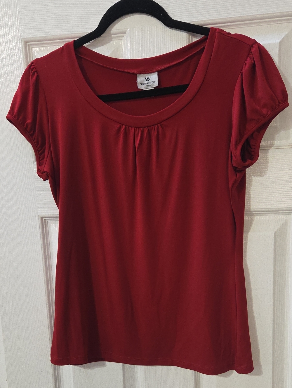 Worthington Red Scoop Neck Short Sleeve Tee with Gathered Cap Sleeves